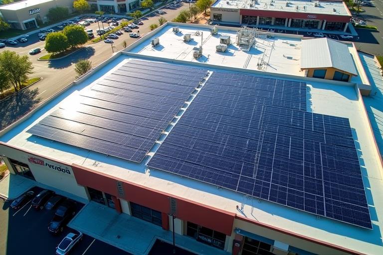 Completed solar panel array on retail center roof